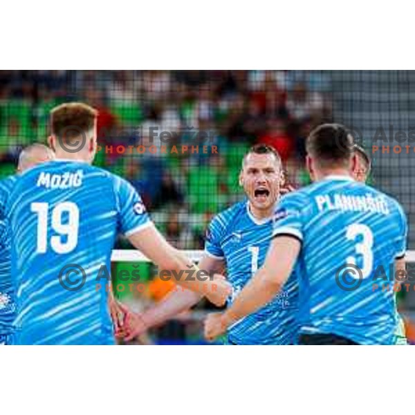 in action during Men’s Volleyball Nations League match between Slovenia and Canada in Ljubljana, Slovenia on July 16, 2025