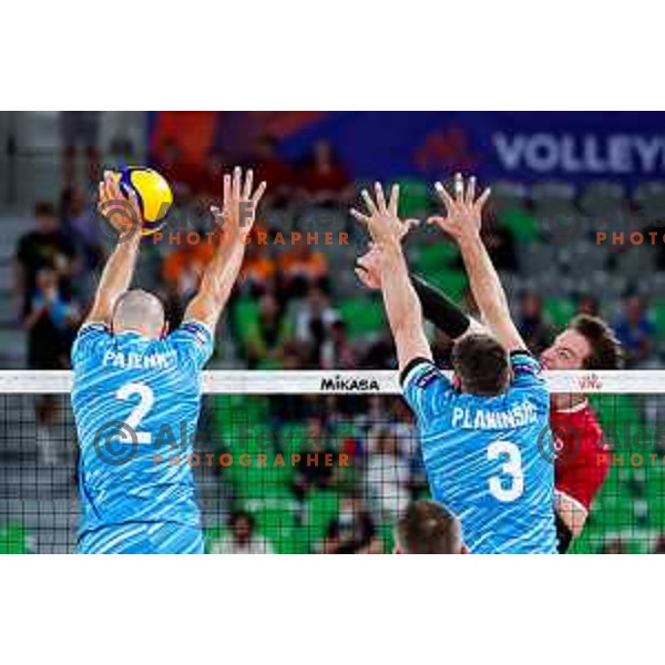 in action during Men’s Volleyball Nations League match between Slovenia and Canada in Ljubljana, Slovenia on July 16, 2025