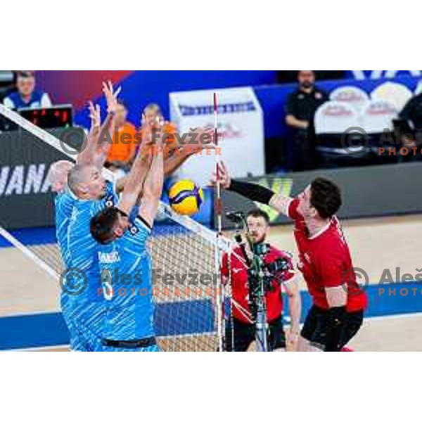 in action during Men’s Volleyball Nations League match between Slovenia and Canada in Ljubljana, Slovenia on July 16, 2025