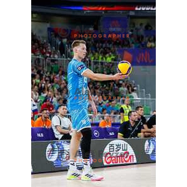 Rok Mozic of Slovenia in action during Men’s Volleyball Nations League match between Slovenia and Canada in Ljubljana, Slovenia on July 16, 2025