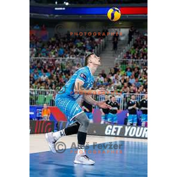 in action during Men’s Volleyball Nations League match between Slovenia and Canada in Ljubljana, Slovenia on July 16, 2025
