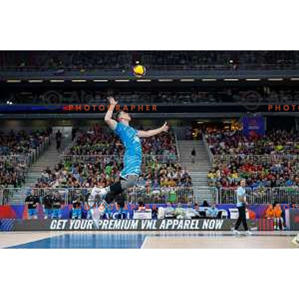 in action during Men’s Volleyball Nations League match between Slovenia and Canada in Ljubljana, Slovenia on July 16, 2025