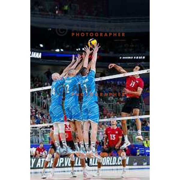 in action during Men’s Volleyball Nations League match between Slovenia and Canada in Ljubljana, Slovenia on July 16, 2025