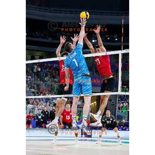 in action during Men’s Volleyball Nations League match between Slovenia and Canada in Ljubljana, Slovenia on July 16, 2025
