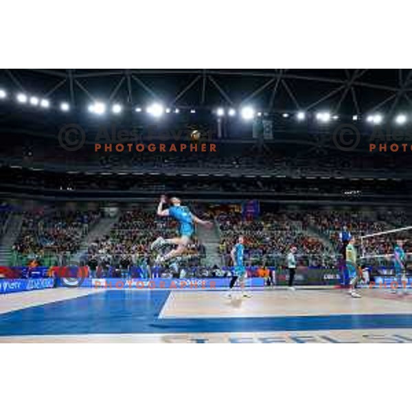 in action during Men’s Volleyball Nations League match between Slovenia and Canada in Ljubljana, Slovenia on July 16, 2025