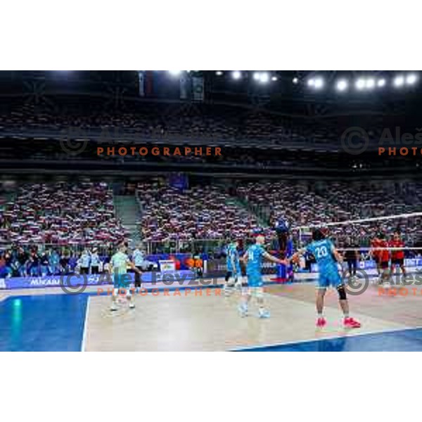 in action during Men’s Volleyball Nations League match between Slovenia and Canada in Ljubljana, Slovenia on July 16, 2025
