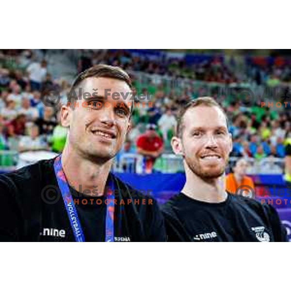 Gregor Ropret and Tine Urnaut of Slovenia during Men’s Volleyball Nations League match between Slovenia and Canada in Ljubljana, Slovenia on July 16, 2025