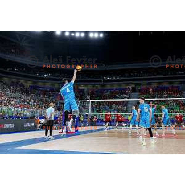 in action during Men’s Volleyball Nations League match between Slovenia and Canada in Ljubljana, Slovenia on July 16, 2025