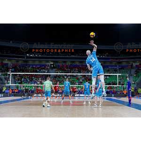 in action during Men’s Volleyball Nations League match between Slovenia and Canada in Ljubljana, Slovenia on July 16, 2025