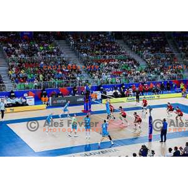 in action during Men’s Volleyball Nations League match between Slovenia and Canada in Ljubljana, Slovenia on July 16, 2025