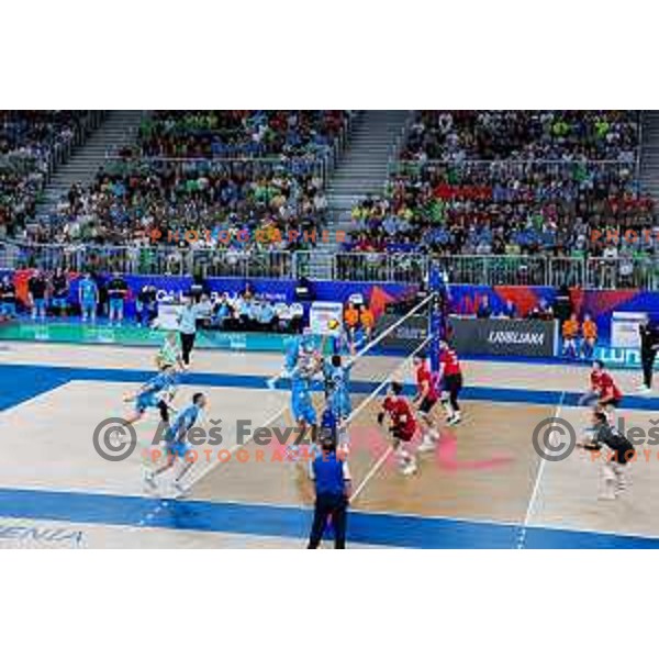 in action during Men’s Volleyball Nations League match between Slovenia and Canada in Ljubljana, Slovenia on July 16, 2025