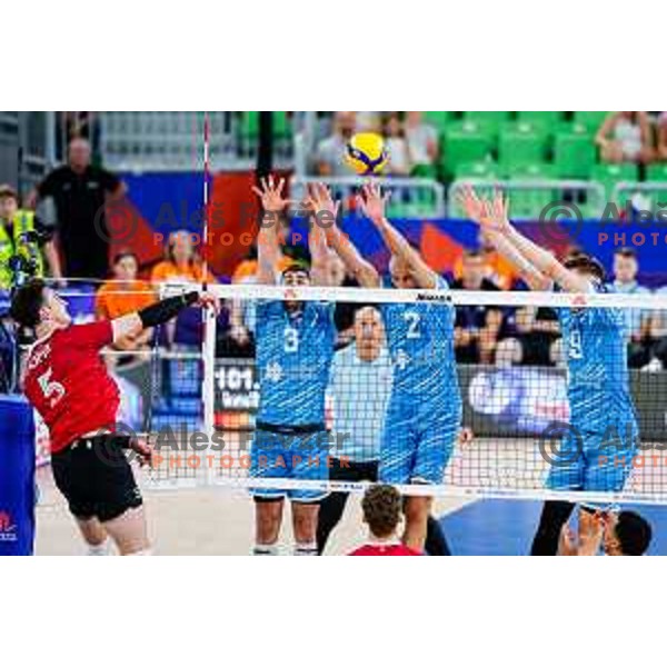 in action during Men’s Volleyball Nations League match between Slovenia and Canada in Ljubljana, Slovenia on July 16, 2025