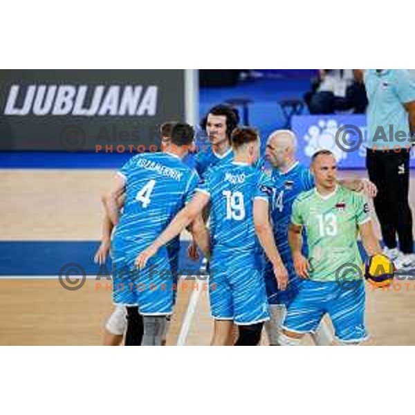 in action during Men’s Volleyball Nations League match between Slovenia and Canada in Ljubljana, Slovenia on July 16, 2025