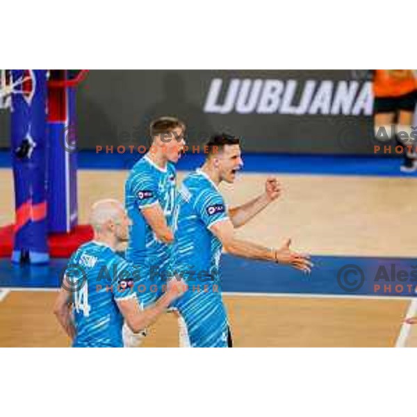 in action during Men’s Volleyball Nations League match between Slovenia and Canada in Ljubljana, Slovenia on July 16, 2025