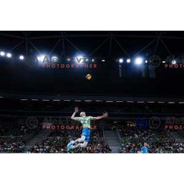 Ziga Stern of Slovenia in action during Men’s Volleyball Nations League match between Slovenia and Canada in Ljubljana, Slovenia on July 17, 2025. Photo Grega Valancic