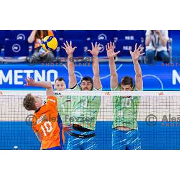 Uros Planinsic of Slovenia and Saso Stalekar of Slovenia in action during Men’s Volleyball Nations League match between Slovenia and Canada in Ljubljana, Slovenia on July 17, 2025. Photo Grega Valancic