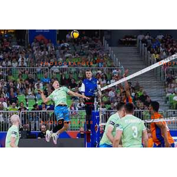 Rok Mozic of Slovenia in action during Men’s Volleyball Nations League match between Slovenia and Canada in Ljubljana, Slovenia on July 17, 2025. Photo Grega Valancic