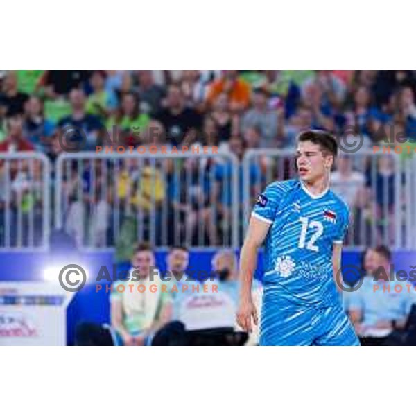 Grega Okroglic of Slovenia in action during Men’s Volleyball Nations League match between Slovenia and Canada in Ljubljana, Slovenia on July 17, 2025. Photo Grega Valancic