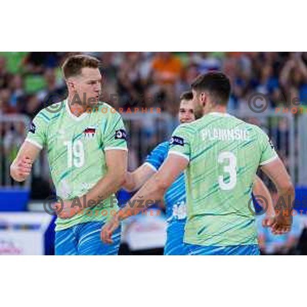 Rok Mozic of Slovenia in action during Men’s Volleyball Nations League match between Slovenia and Canada in Ljubljana, Slovenia on July 17, 2025. Photo Grega Valancic