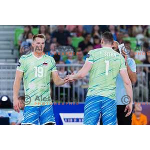 Rok Mozic of Slovenia in action during Men’s Volleyball Nations League match between Slovenia and Canada in Ljubljana, Slovenia on July 17, 2025. Photo Grega Valancic