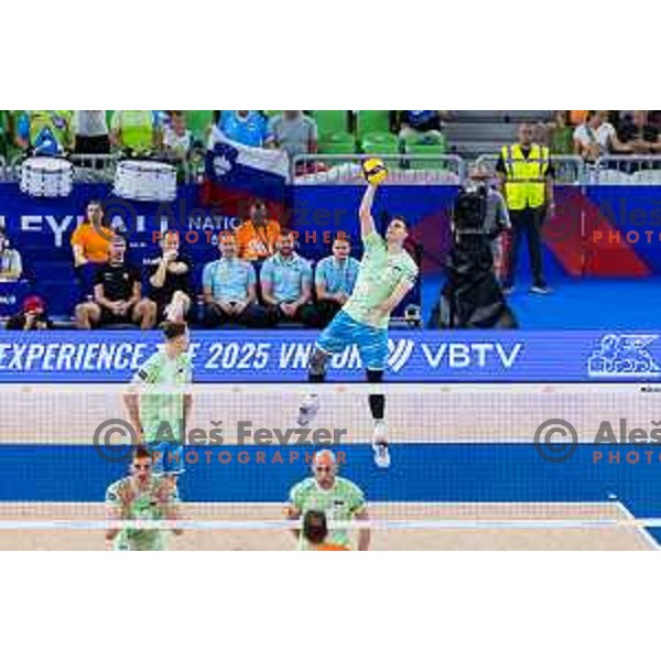 Jan Kozamernik of Slovenia in action during Men’s Volleyball Nations League match between Slovenia and Canada in Ljubljana, Slovenia on July 17, 2025. Photo Grega Valancic