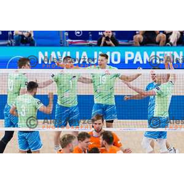 Toncek Stern of Slovenia and Rok Mozic of Slovenia in action during Men’s Volleyball Nations League match between Slovenia and Canada in Ljubljana, Slovenia on July 17, 2025. Photo Grega Valancic