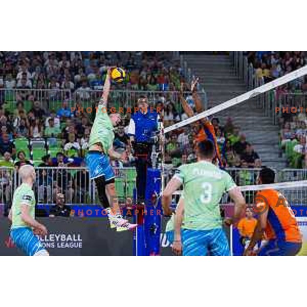 Rok Mozic of Slovenia in action during Men’s Volleyball Nations League match between Slovenia and Canada in Ljubljana, Slovenia on July 17, 2025. Photo Grega Valancic