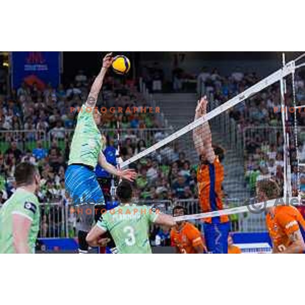 Jan Kozamernik of Slovenia in action during Men’s Volleyball Nations League match between Slovenia and Canada in Ljubljana, Slovenia on July 17, 2025. Photo Grega Valancic