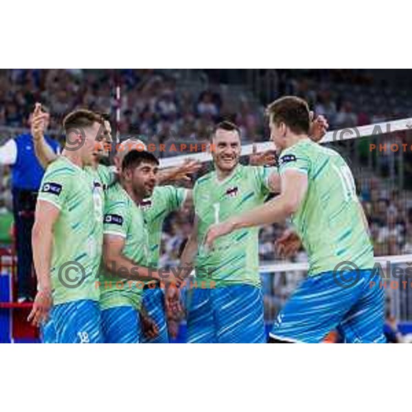 Players of Slovenia celebrating during Men’s Volleyball Nations League match between Slovenia and Canada in Ljubljana, Slovenia on July 17, 2025. Photo Grega Valancic