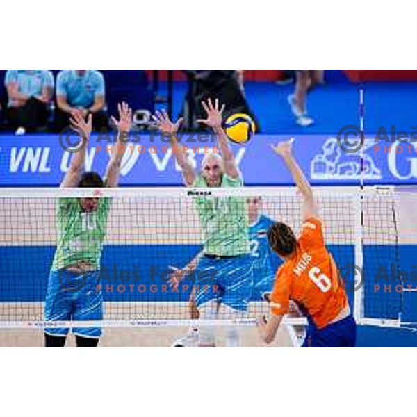 Saso Stalekar of Slovenia and Ziga Stern of Slovenia in action during Men’s Volleyball Nations League match between Slovenia and Canada in Ljubljana, Slovenia on July 17, 2025. Photo Grega Valancic