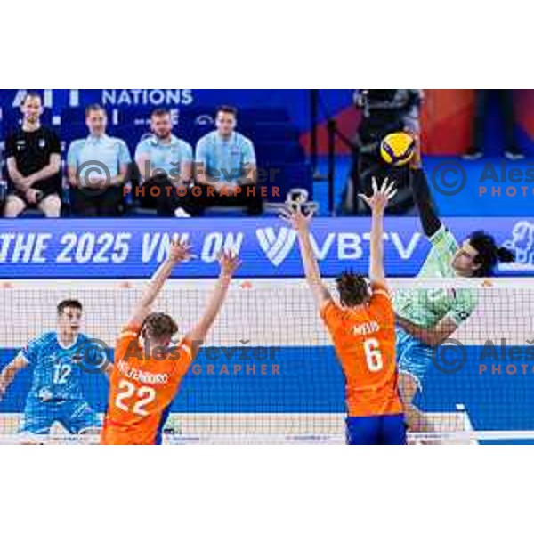 Nik Mujanovic of Slovenia in action during Men’s Volleyball Nations League match between Slovenia and Canada in Ljubljana, Slovenia on July 17, 2025. Photo Grega Valancic
