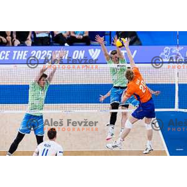Saso Stalekar of Slovenia and Rok Mozic of Slovenia in action during Men’s Volleyball Nations League match between Slovenia and Canada in Ljubljana, Slovenia on July 17, 2025. Photo Grega Valancic