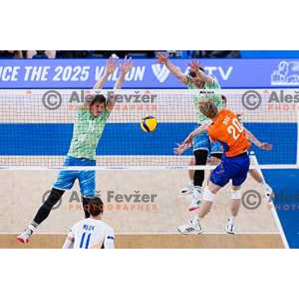 Saso Stalekar of Slovenia and Rok Mozic of Slovenia in action during Men’s Volleyball Nations League match between Slovenia and Canada in Ljubljana, Slovenia on July 17, 2025. Photo Grega Valancic