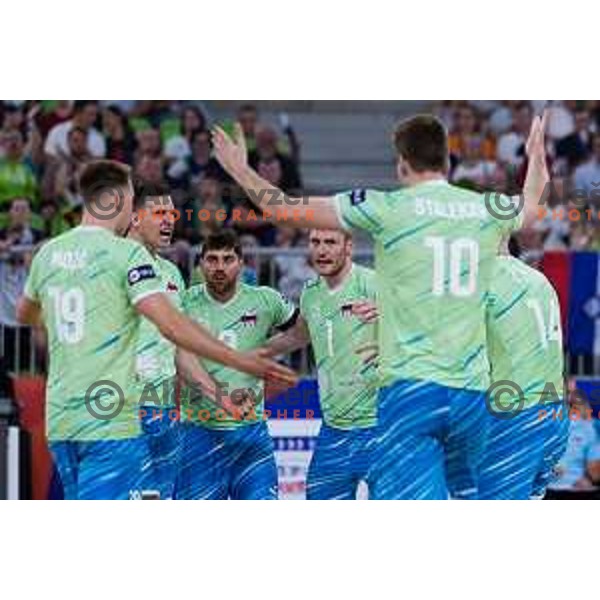 Team Slovenia in action during Men’s Volleyball Nations League match between Slovenia and Canada in Ljubljana, Slovenia on July 17, 2025. Photo Grega Valancic