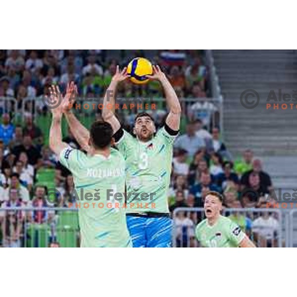 Uros Planinsic of Slovenia in action during Men’s Volleyball Nations League match between Slovenia and Canada in Ljubljana, Slovenia on July 17, 2025. Photo Grega Valancic