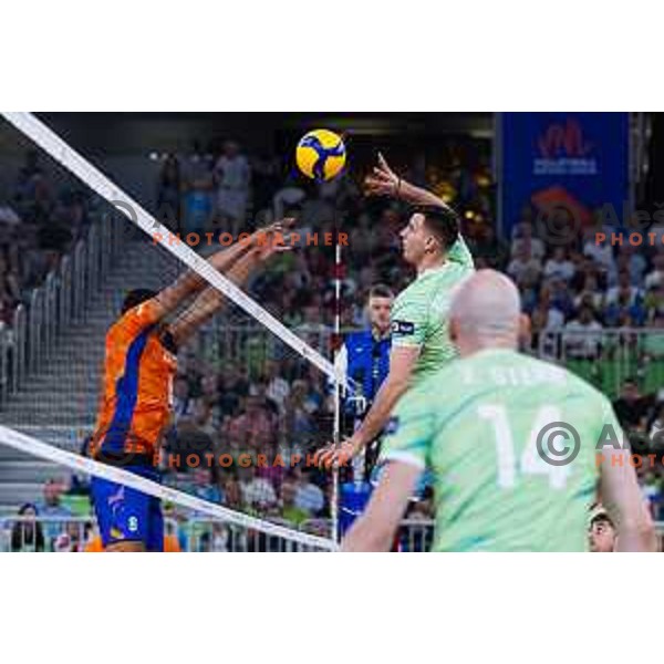 Jan Kozamernik of Slovenia in action during Men’s Volleyball Nations League match between Slovenia and Canada in Ljubljana, Slovenia on July 17, 2025. Photo Grega Valancic