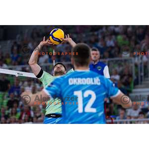 Uros Planinsic of Slovenia in action during Men’s Volleyball Nations League match between Slovenia and Canada in Ljubljana, Slovenia on July 17, 2025. Photo Grega Valancic