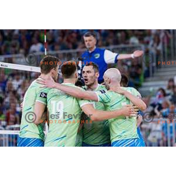 Toncek Stern of Slovenia in action during Men’s Volleyball Nations League match between Slovenia and Canada in Ljubljana, Slovenia on July 17, 2025. Photo Grega Valancic