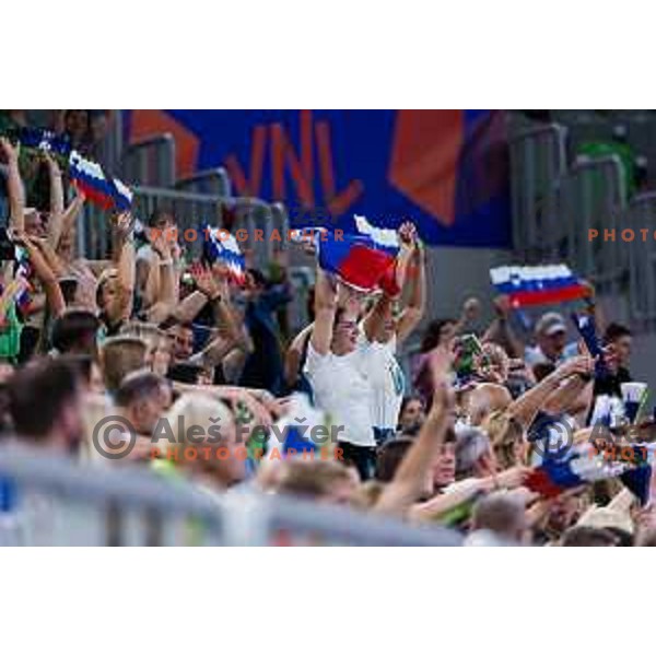 Spectators in action during Men’s Volleyball Nations League match between Slovenia and Canada in Ljubljana, Slovenia on July 17, 2025. Photo Grega Valancic