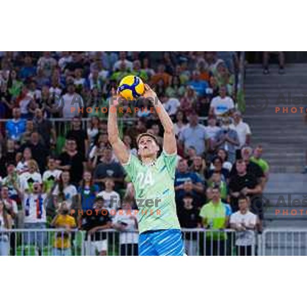 Nejc Najdic of Slovenia in action during Men’s Volleyball Nations League match between Slovenia and Canada in Ljubljana, Slovenia on July 17, 2025. Photo Grega Valancic