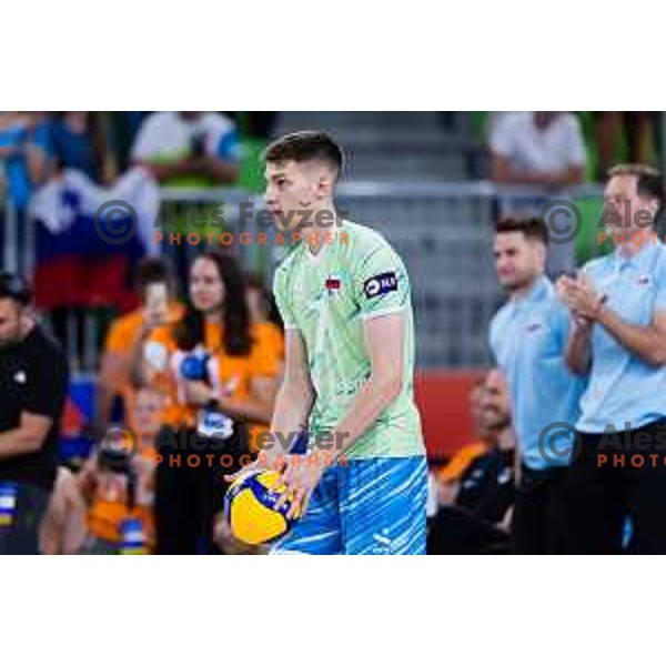 Luka Marovt of Slovenia in action during Men’s Volleyball Nations League match between Slovenia and Canada in Ljubljana, Slovenia on July 17, 2025. Photo Grega Valancic