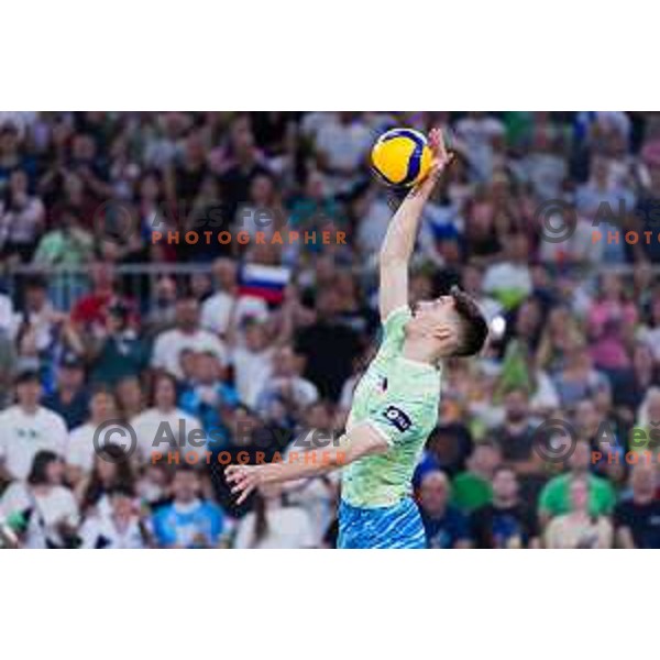 Luka Marovt of Slovenia in action during Men’s Volleyball Nations League match between Slovenia and Canada in Ljubljana, Slovenia on July 17, 2025. Photo Grega Valancic