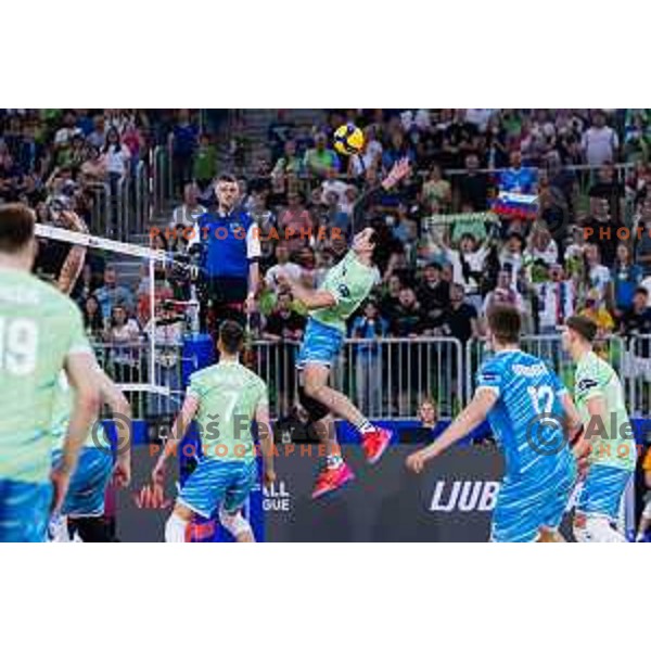 Nik Mujanovic of Slovenia in action during Men’s Volleyball Nations League match between Slovenia and Canada in Ljubljana, Slovenia on July 17, 2025. Photo Grega Valancic
