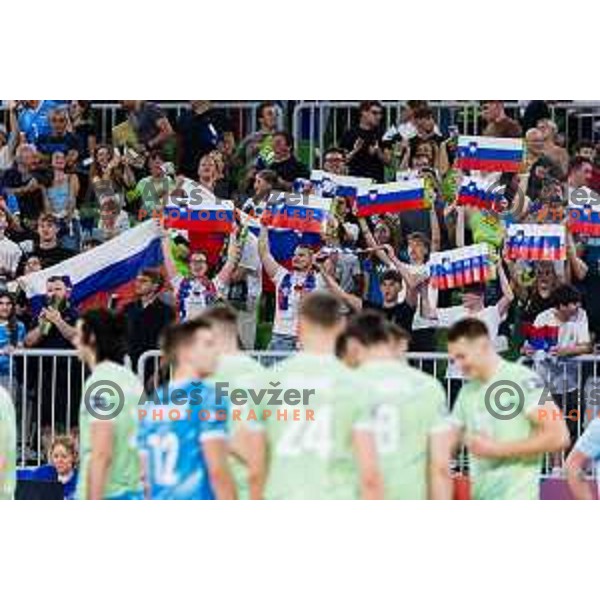 Spectators in action during Men’s Volleyball Nations League match between Slovenia and Canada in Ljubljana, Slovenia on July 17, 2025. Photo Grega Valancic