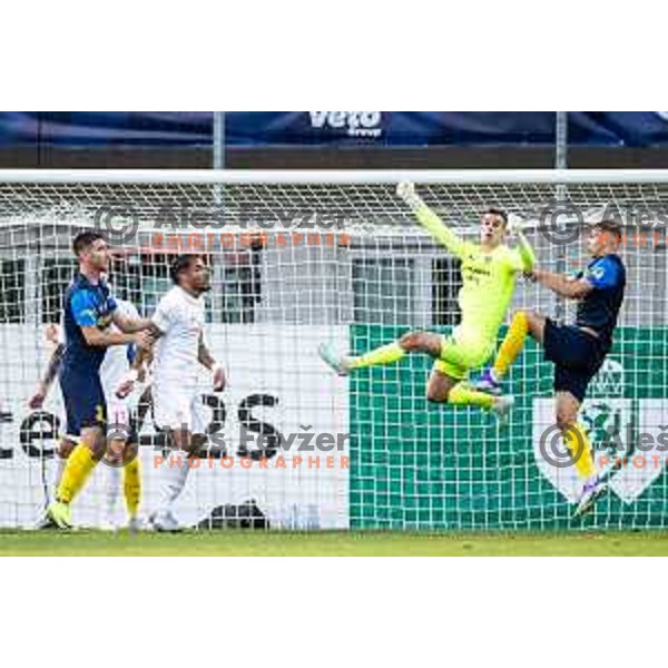 Simon Sluga and Artemijus Tutyskinas in action during UEFA Europa League 2025/26 qualifier football match between NK Celje and Sabah FC in Stadion z’dezele, Celje, Slovenia on July 17, 2025. Photo: Jure Banfi