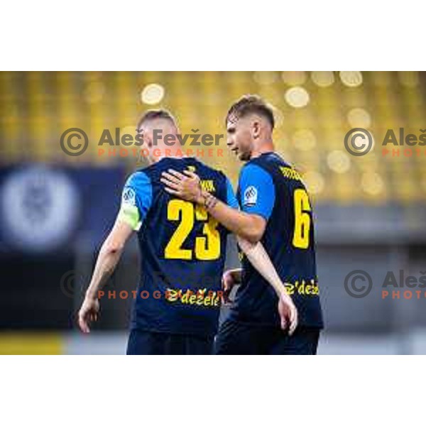 Zan Karnicnik and Artemijus Tutyskinas celebrate during UEFA Europa League 2025/26 qualifier football match between NK Celje and Sabah FC in Stadion z’dezele, Celje, Slovenia on July 17, 2025. Photo: Jure Banfi