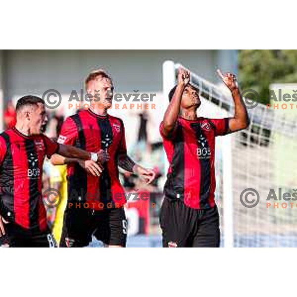 Roger Andretty Murillo Soto celebrates a goal during Prva liga Telemach 2025/2026 football match between Primorje and Domzale in Ajdovscina, Slovenia on July 19, 2025