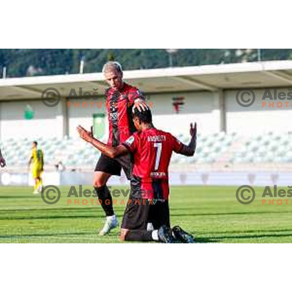 Roger Andretty Murillo Soto celebrates a goal during Prva liga Telemach 2025/2026 football match between Primorje and Domzale in Ajdovscina, Slovenia on July 19, 2025