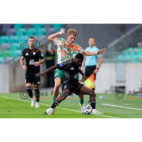 Dino Kojic of Olimpija and Faad Sana of Mura in action during Prva liga Telemach 2025/2026 football match between Olimpija and Mura in SRC Stozice, Ljubljana, Slovenia on July 19, 2025. Photo: Filip Barbalic