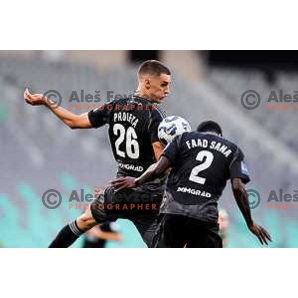 Borna Proleta of Mura and Faad Sana of Mura in action during Prva liga Telemach 2025/2026 football match between Olimpija and Mura in SRC Stozice, Ljubljana, Slovenia on July 19, 2025. Photo: Filip Barbalic